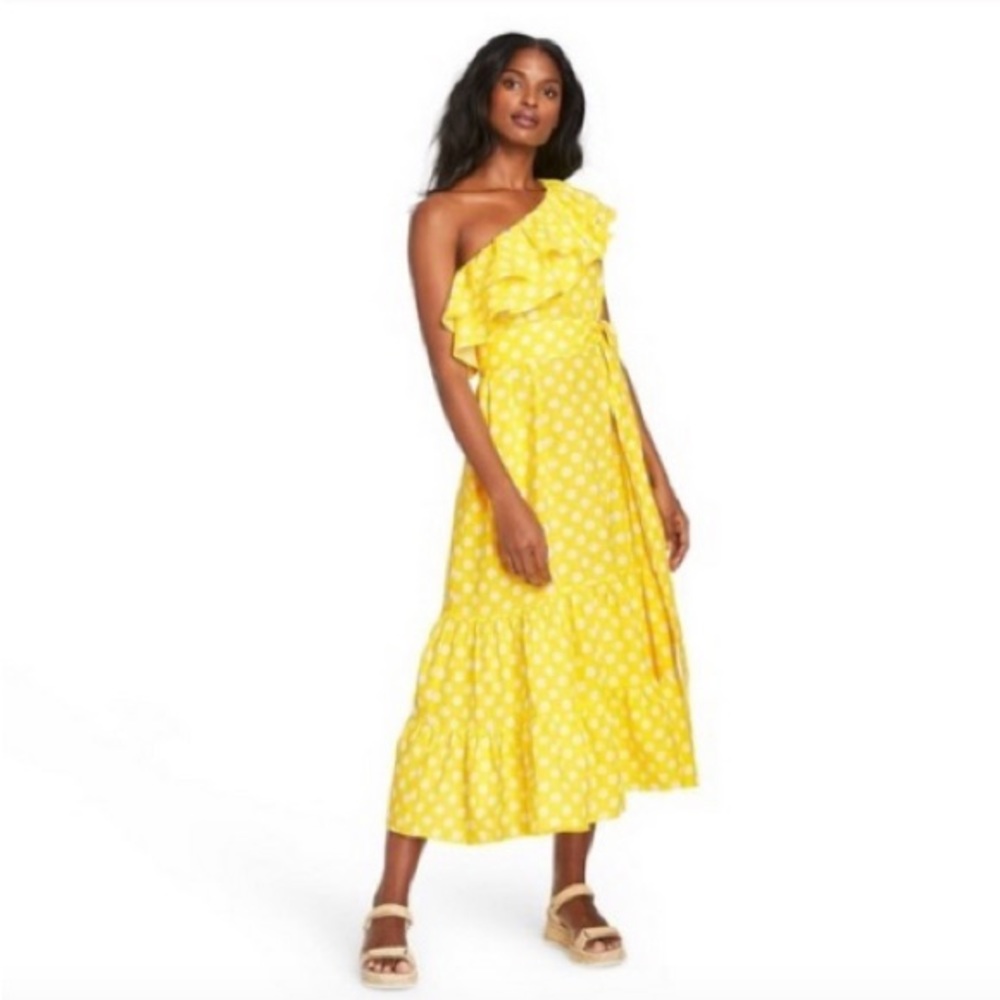 Yellow Polkadot One Shoulder Midi Dress